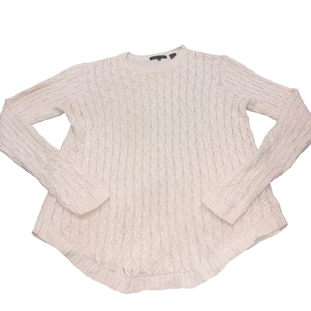 Sweater Womens L Cream Cable Knit Pointelle Curved Hem Jeanne Pierre